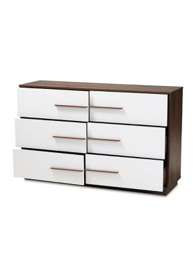 Mette Mid-Century Modern White and Walnut Finished 6-Drawer Wood Dresser