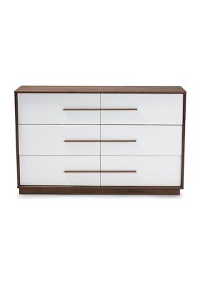 Mette Mid-Century Modern White and Walnut Finished 6-Drawer Wood Dresser