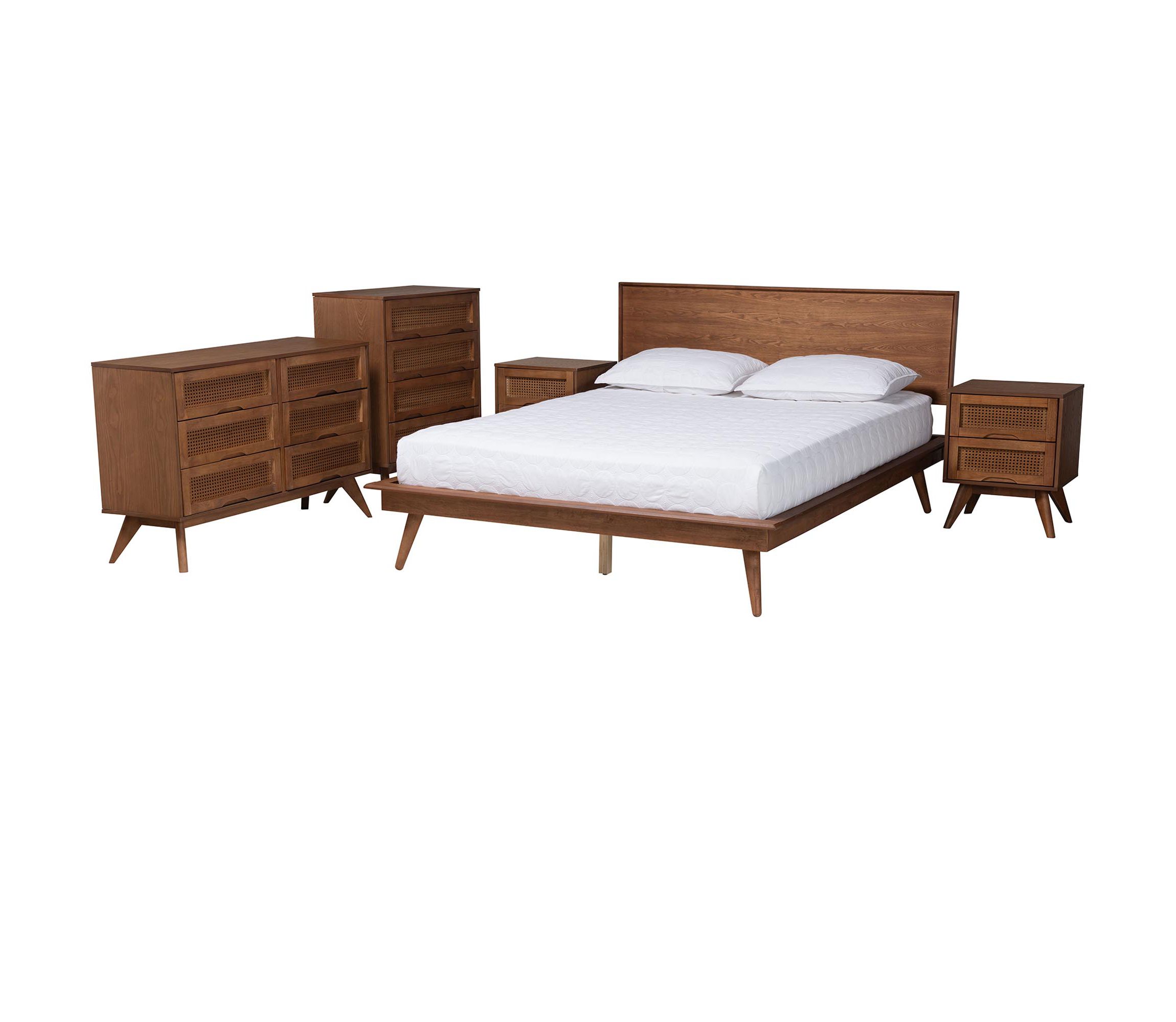 Melora Mid-Century Modern Walnut Brown Finished Wood and Rattan Queen Size 5-Piece Bedroom Set