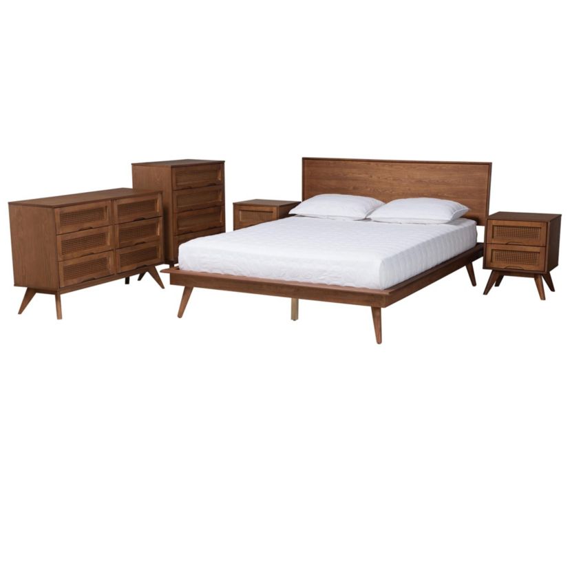 Melora Mid-Century Modern Walnut Brown Finished Wood and Rattan Queen Size 5-Piece Bedroom Set