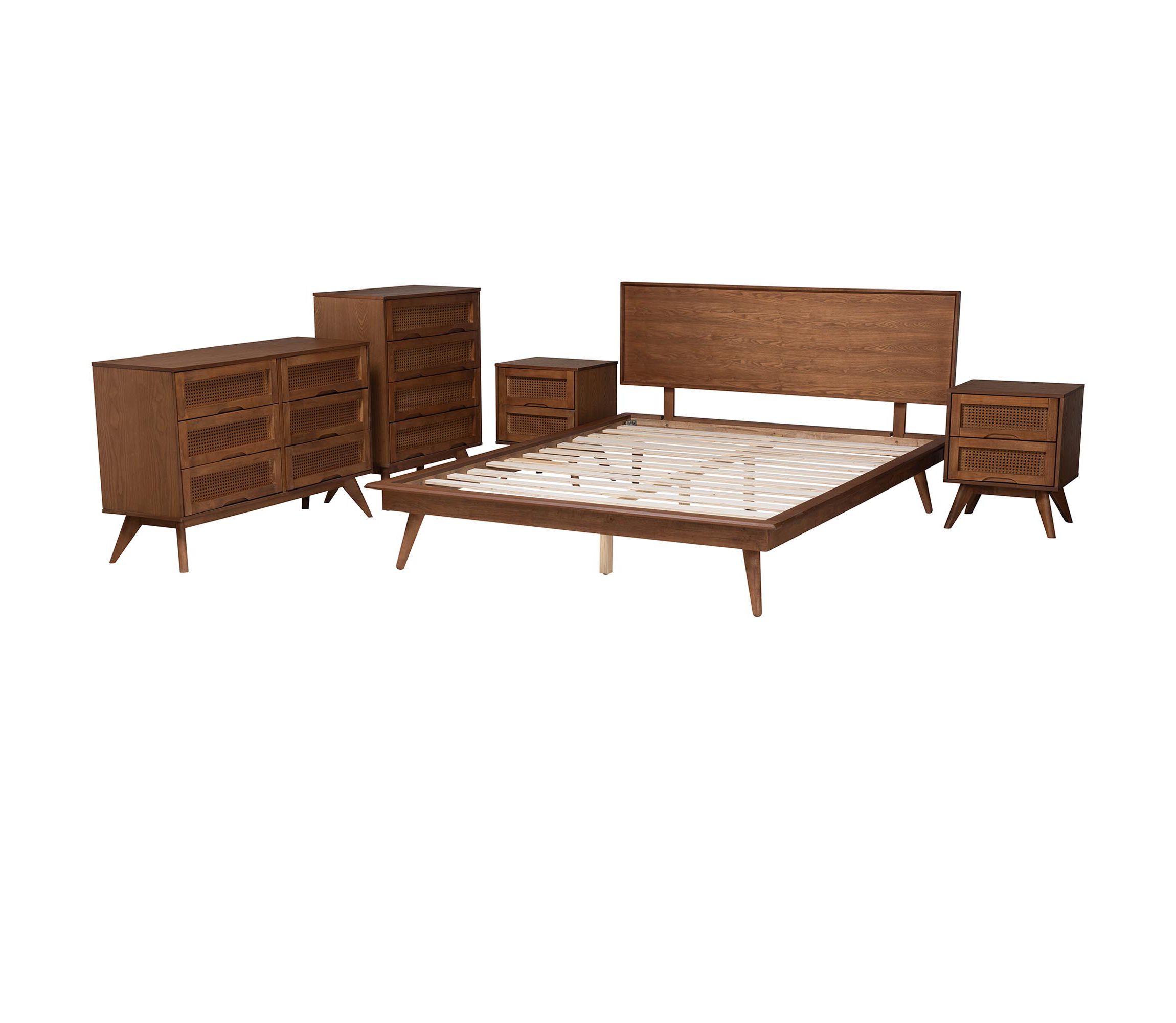 Melora Mid-Century Modern Walnut Brown Finished Wood and Rattan Queen Size 5-Piece Bedroom Set