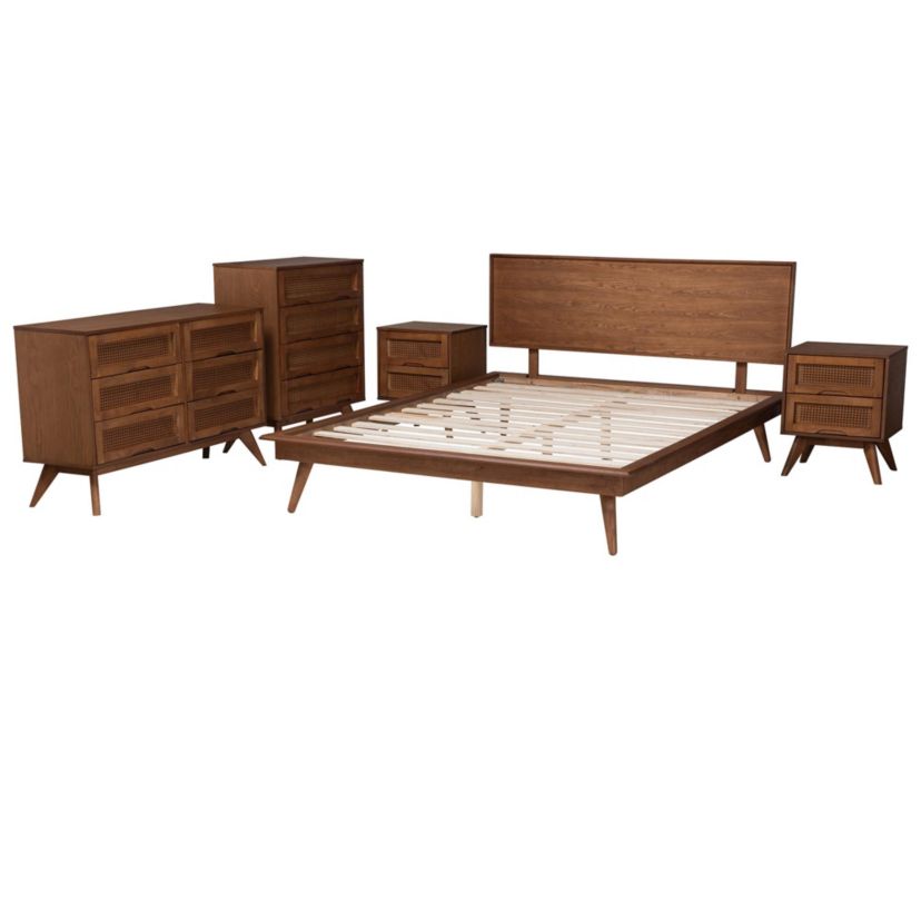 Melora Mid-Century Modern Walnut Brown Finished Wood and Rattan Queen Size 5-Piece Bedroom Set