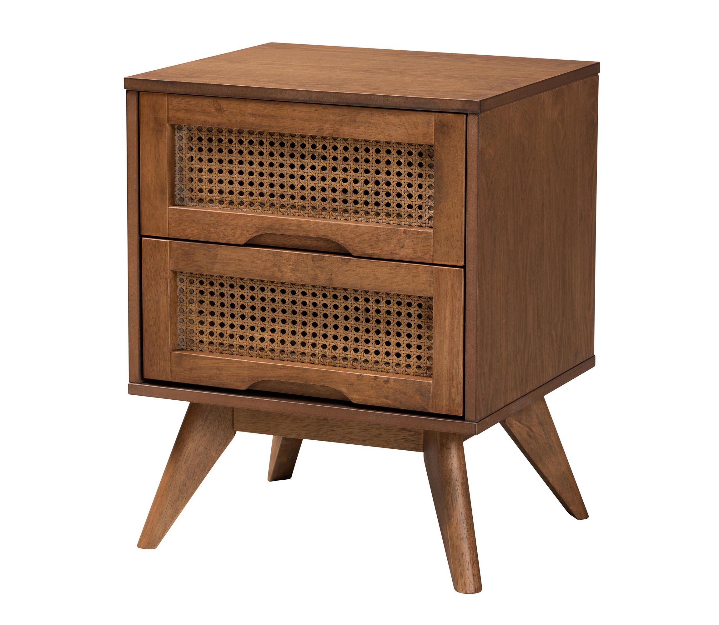 Melora Mid-Century Modern Walnut Brown Finished Wood and Rattan Queen Size 5-Piece Bedroom Set