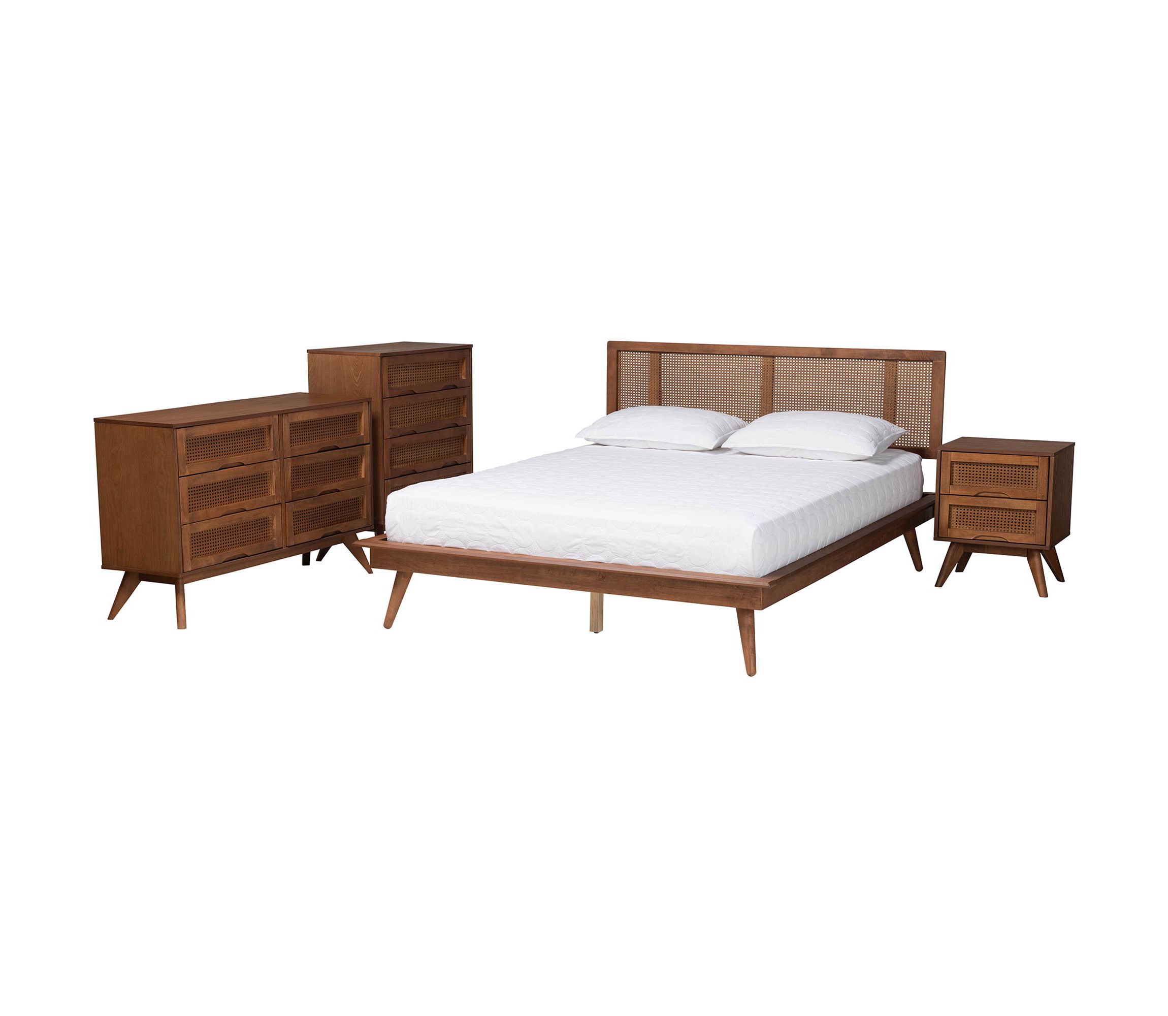 Nura Mid-Century Modern Walnut Brown Finished Wood and Rattan Queen Size 4-Piece Bedroom Set
