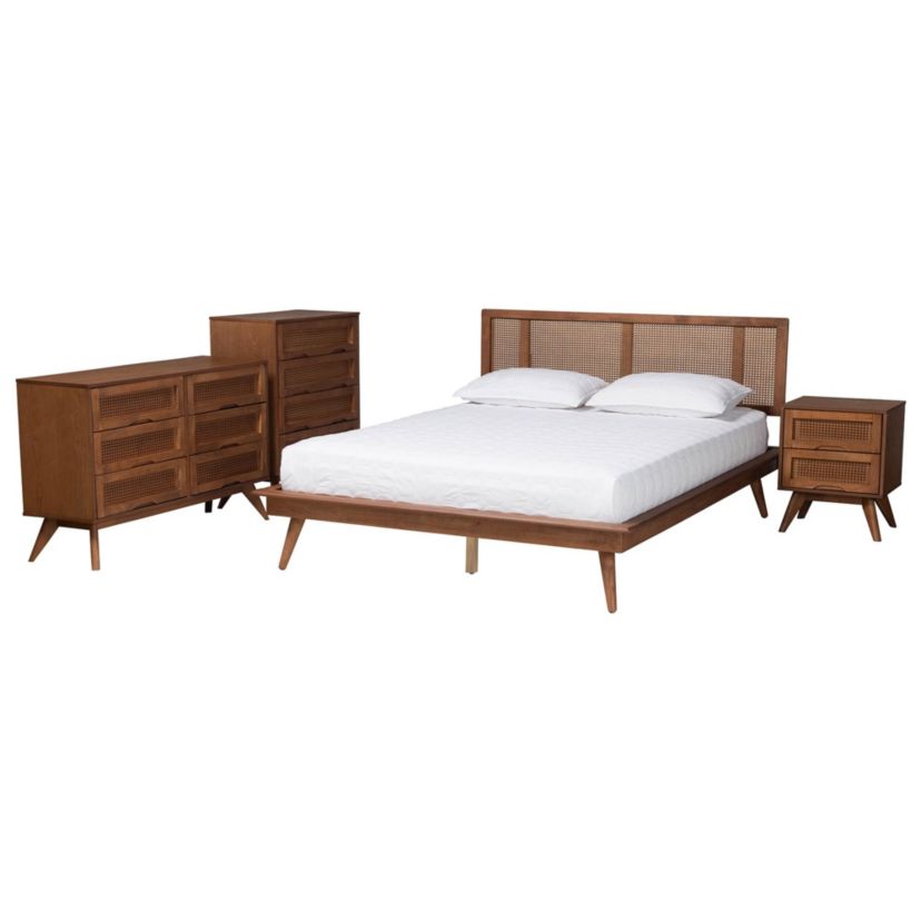 Nura Mid-Century Modern Walnut Brown Finished Wood and Rattan Queen Size 4-Piece Bedroom Set