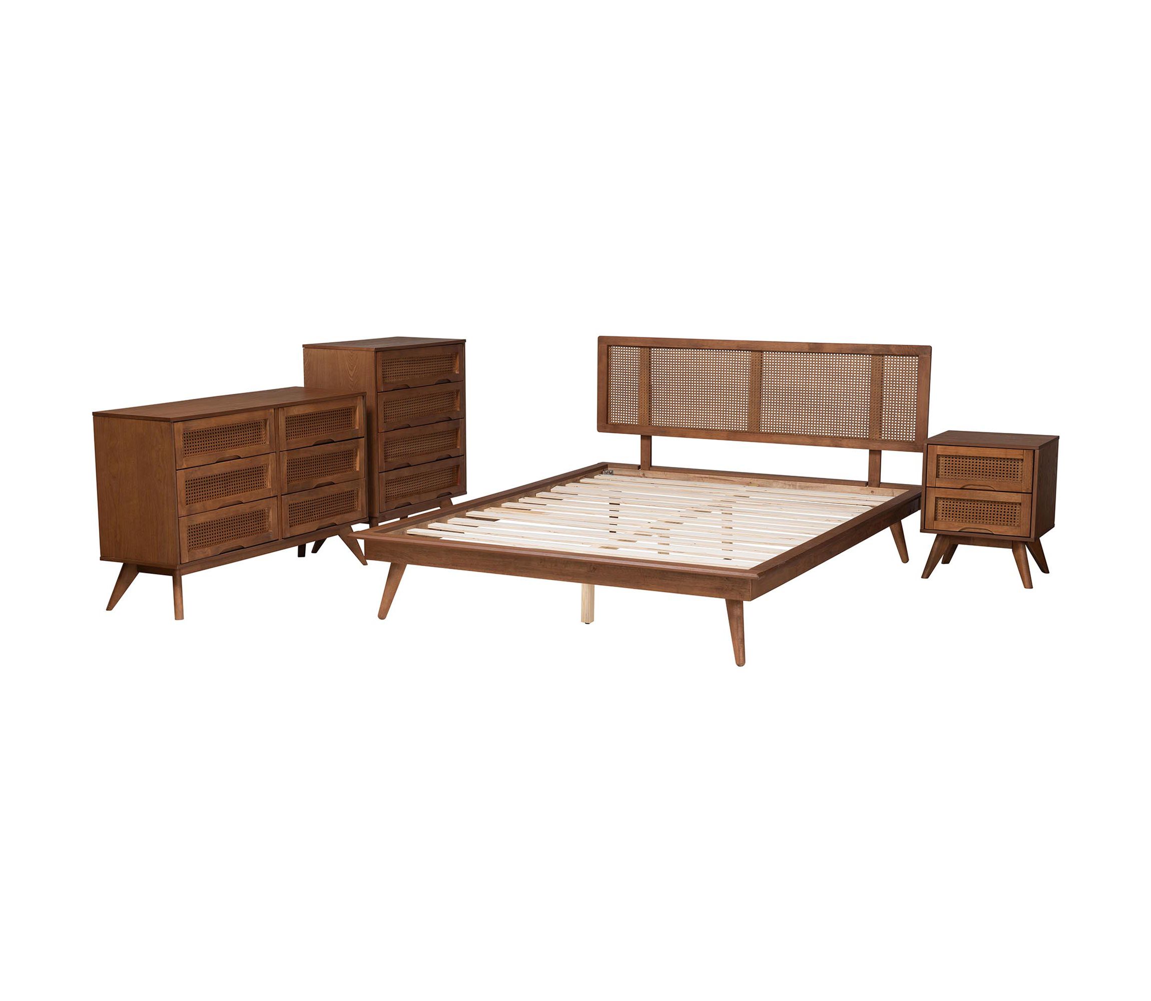Nura Mid-Century Modern Walnut Brown Finished Wood and Rattan Queen Size 4-Piece Bedroom Set