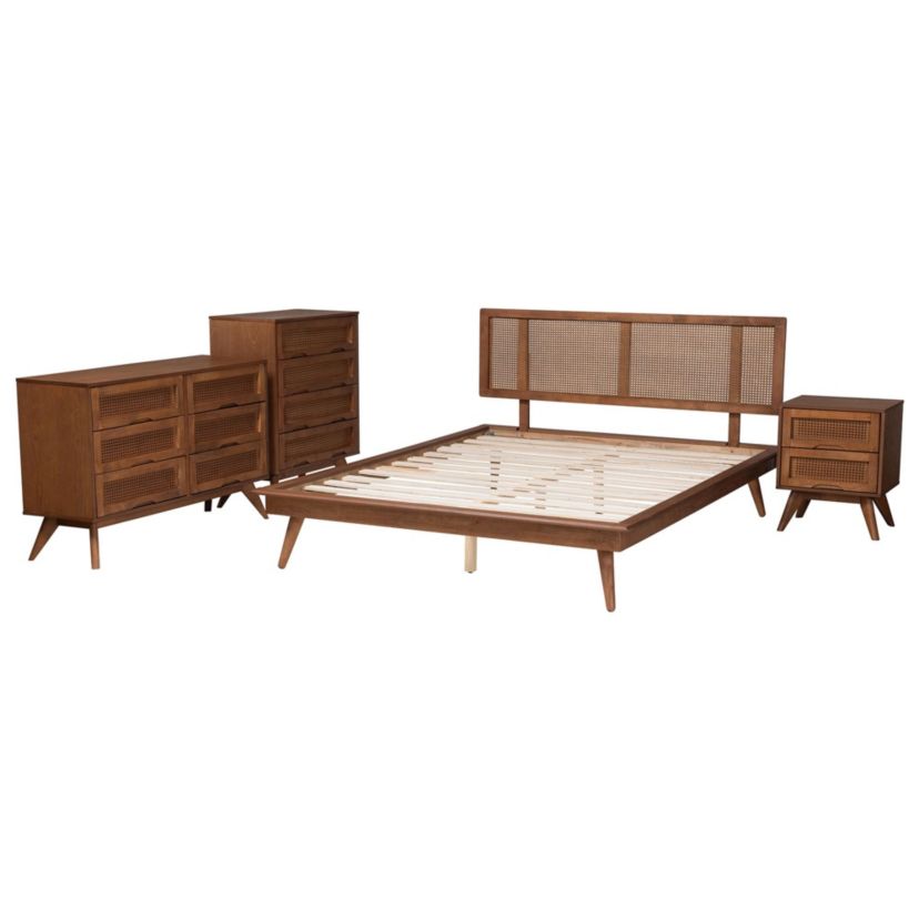 Nura Mid-Century Modern Walnut Brown Finished Wood and Rattan Queen Size 4-Piece Bedroom Set