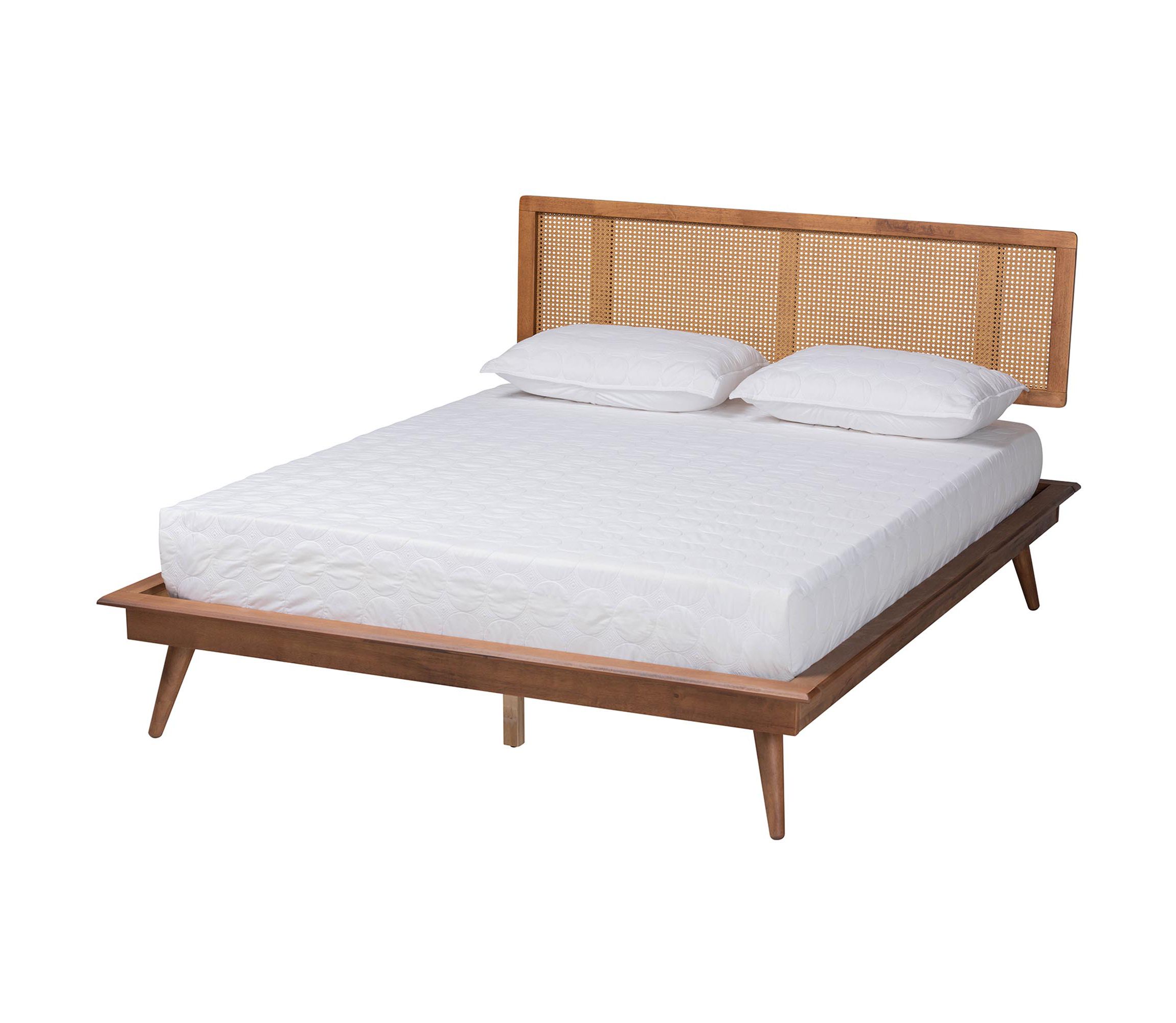 Nura Mid-Century Modern Walnut Brown Finished Wood and Rattan Queen Size 4-Piece Bedroom Set