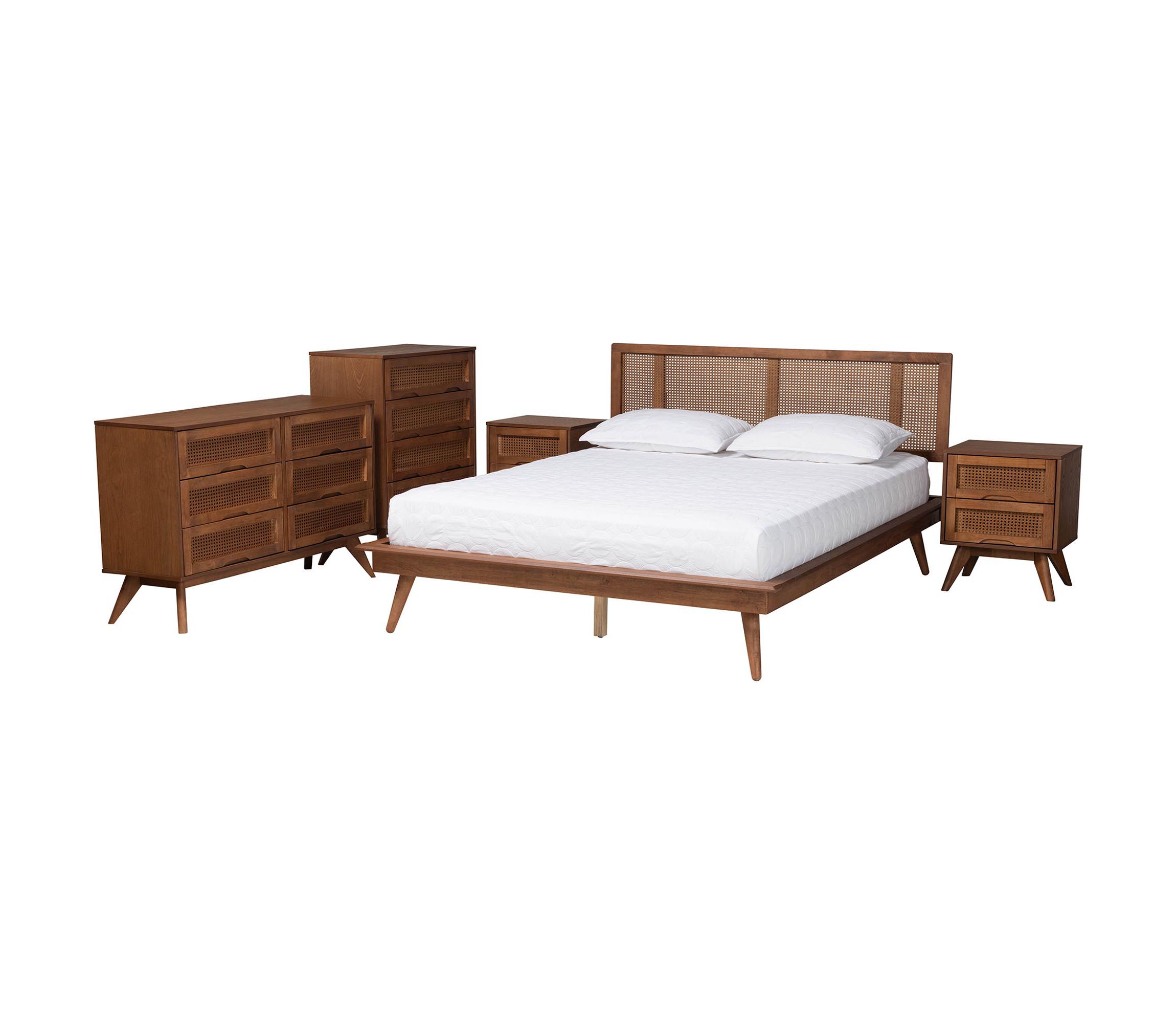 Nura Mid-Century Modern Walnut Brown Finished Wood and Rattan Queen Size 5-Piece Bedroom Set
