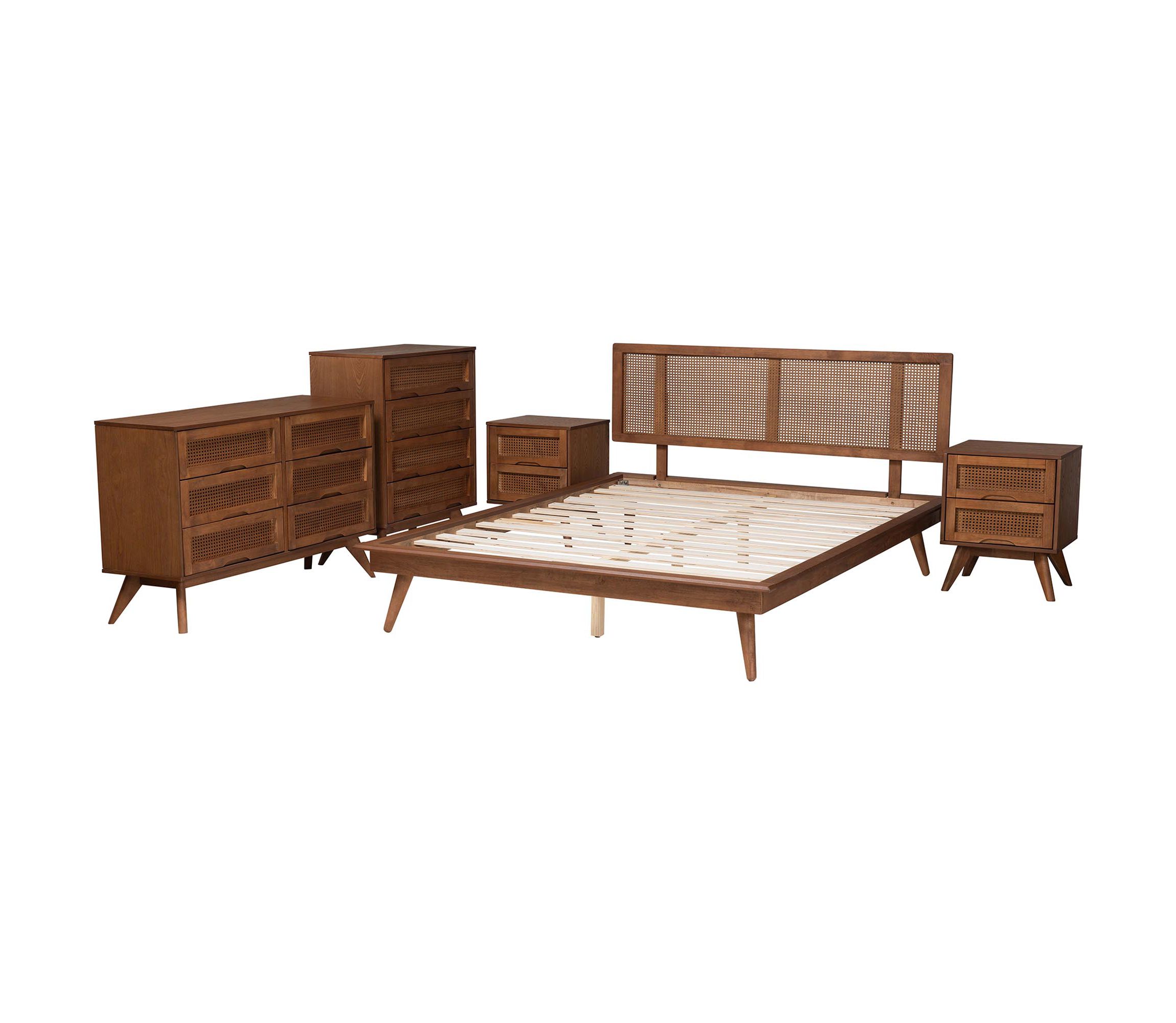 Nura Mid-Century Modern Walnut Brown Finished Wood and Rattan Queen Size 5-Piece Bedroom Set