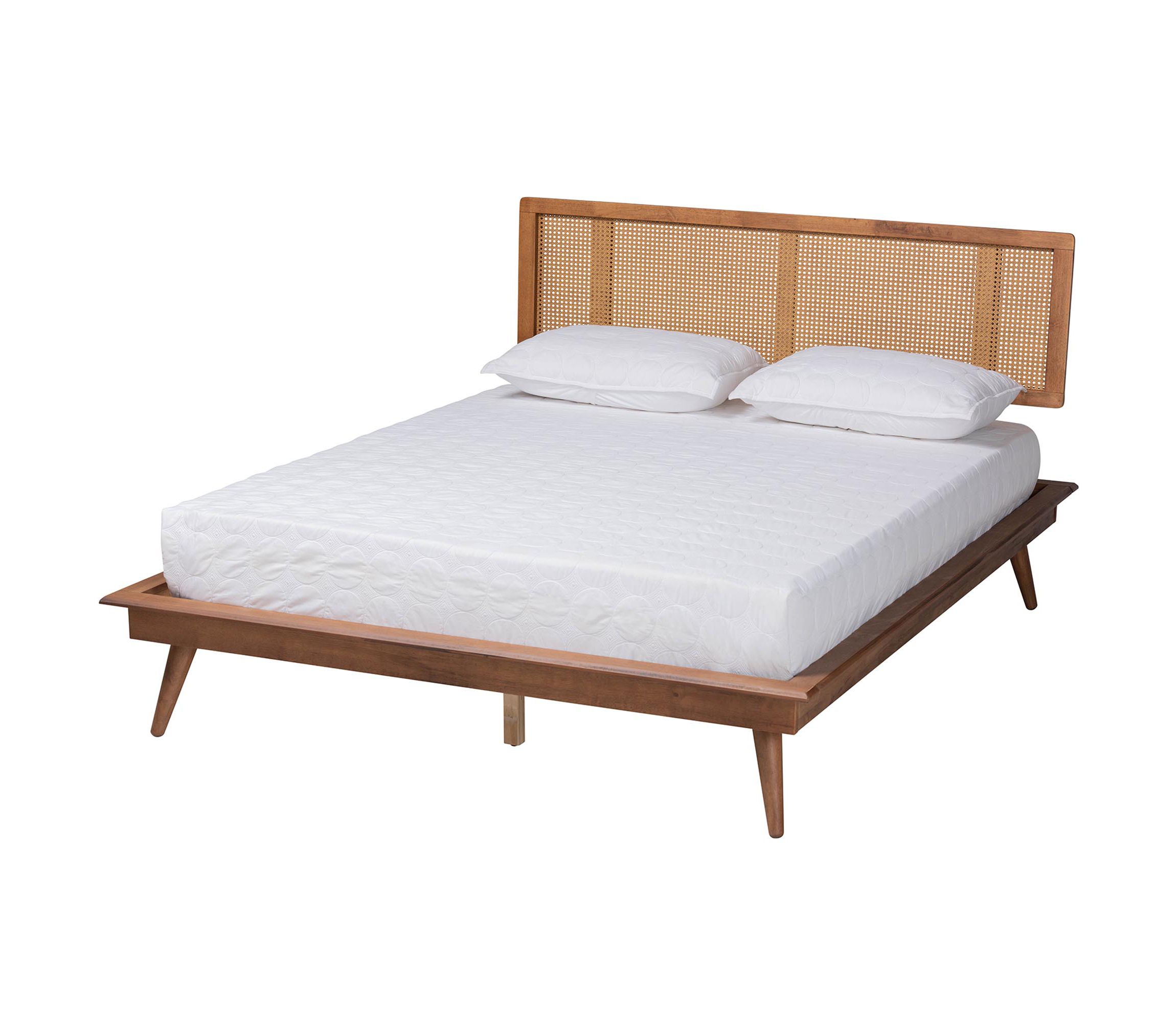 Nura Mid-Century Modern Walnut Brown Finished Wood and Rattan Queen Size 5-Piece Bedroom Set