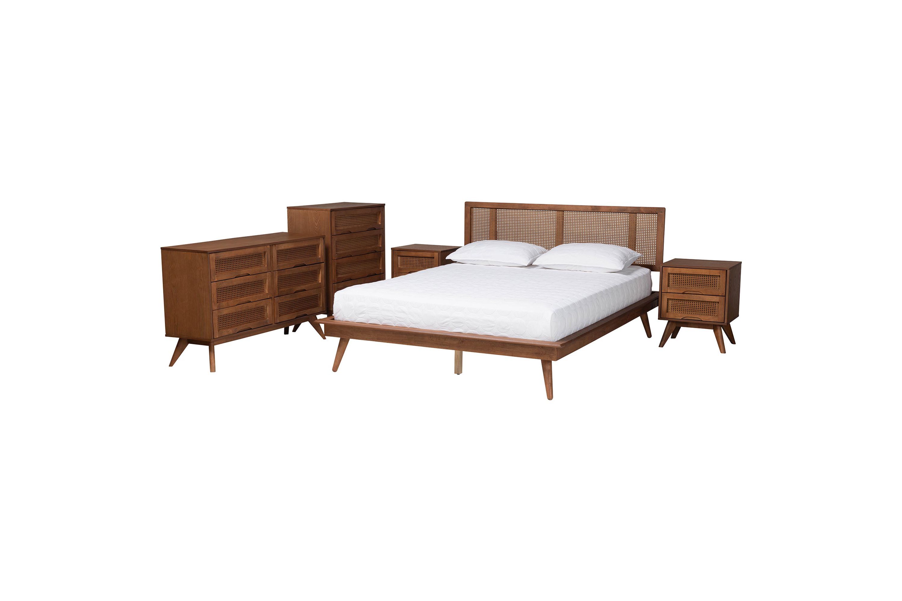 Nura Mid-Century Modern Walnut Brown Finished Wood and Rattan King Size 5-Piece Bedroom Set
