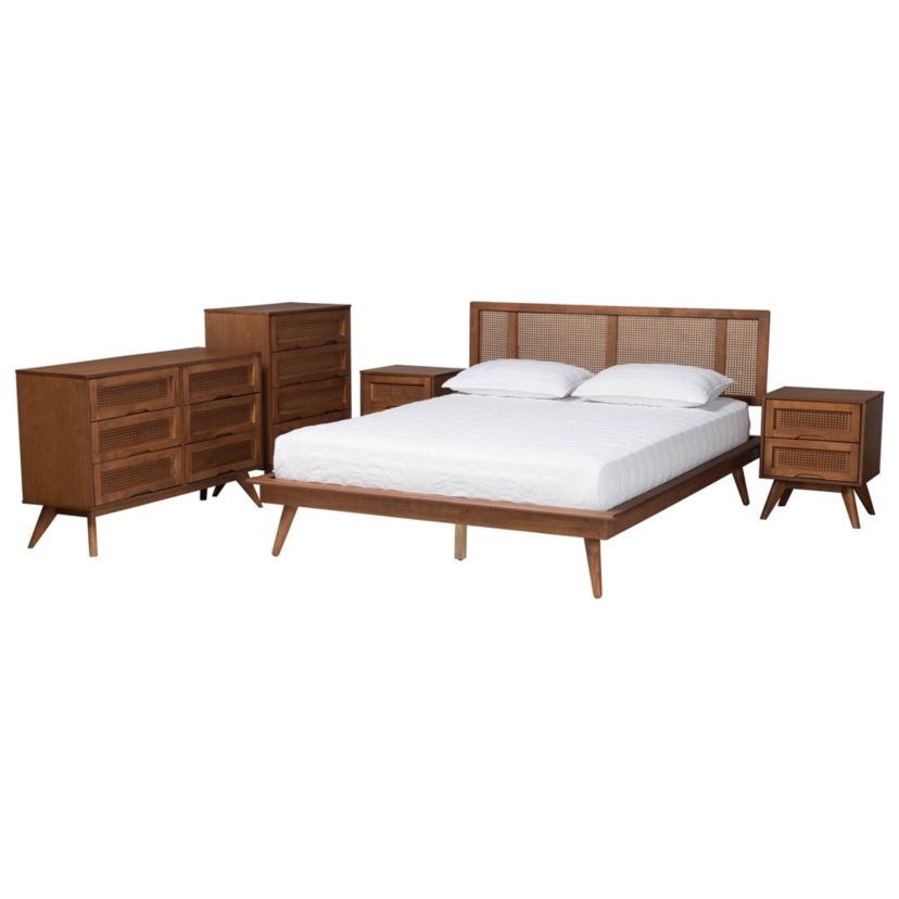 Nura Mid-Century Modern Walnut Brown Finished Wood and Rattan King Size 5-Piece Bedroom Set