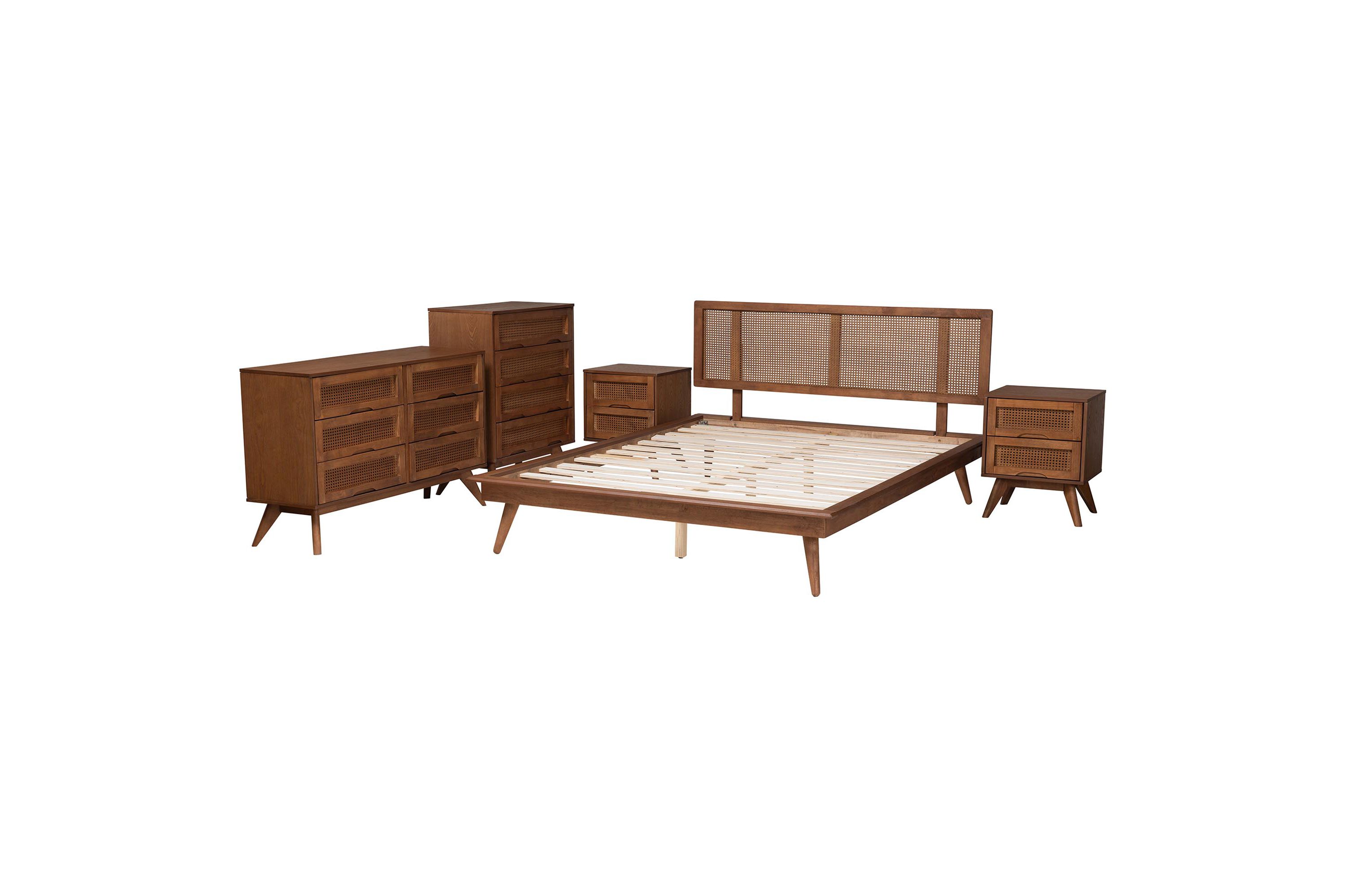Nura Mid-Century Modern Walnut Brown Finished Wood and Rattan King Size 5-Piece Bedroom Set
