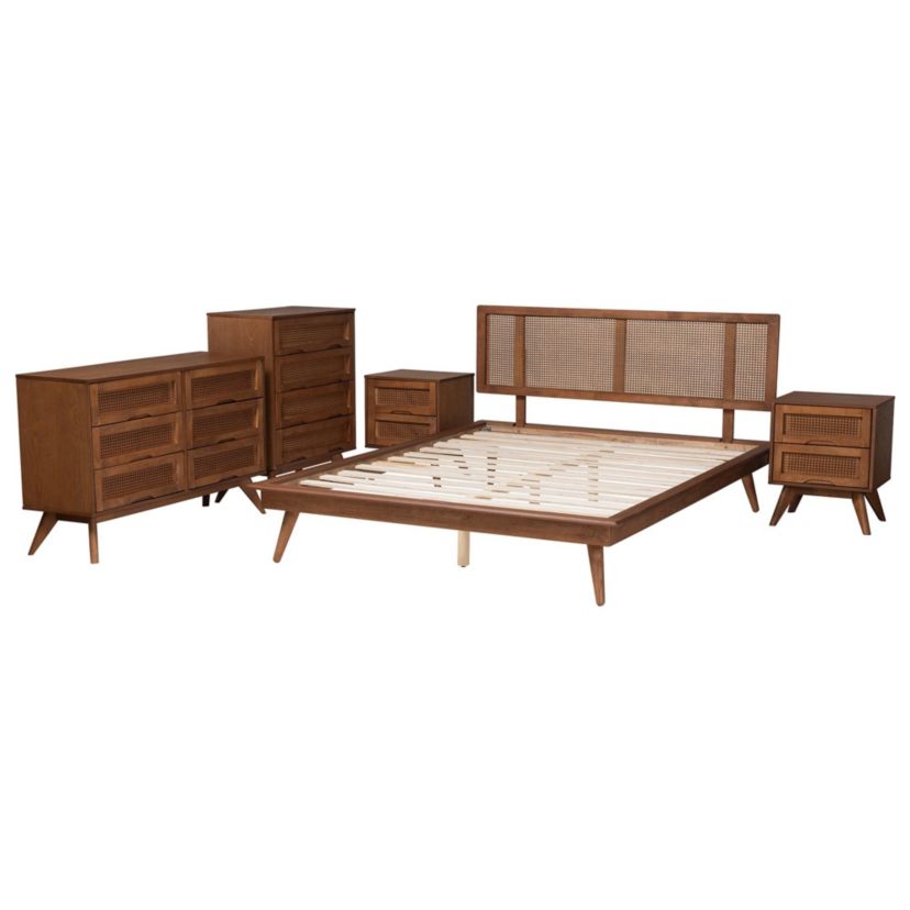 Nura Mid-Century Modern Walnut Brown Finished Wood and Rattan King Size 5-Piece Bedroom Set