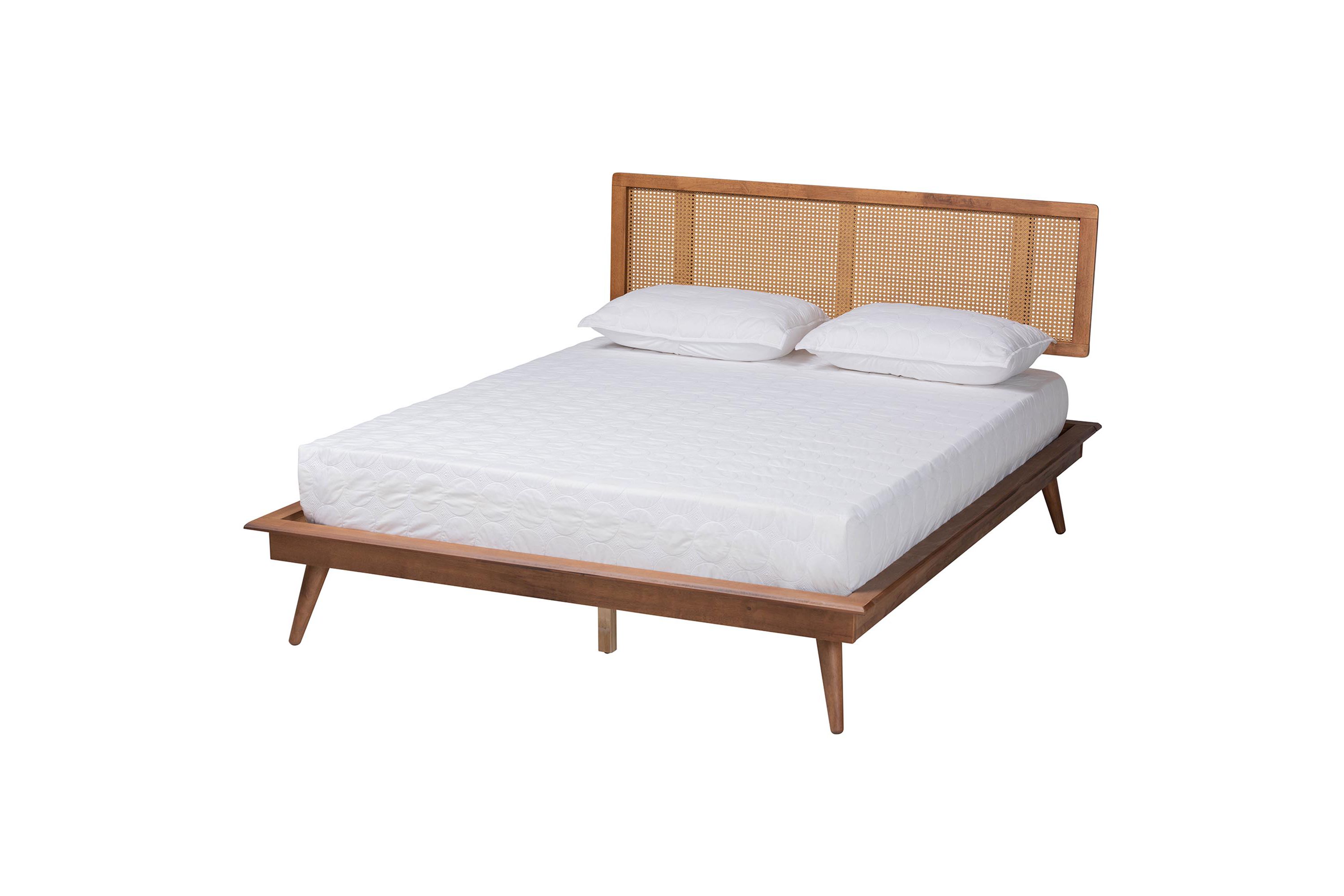 Nura Mid-Century Modern Walnut Brown Finished Wood and Rattan King Size 5-Piece Bedroom Set