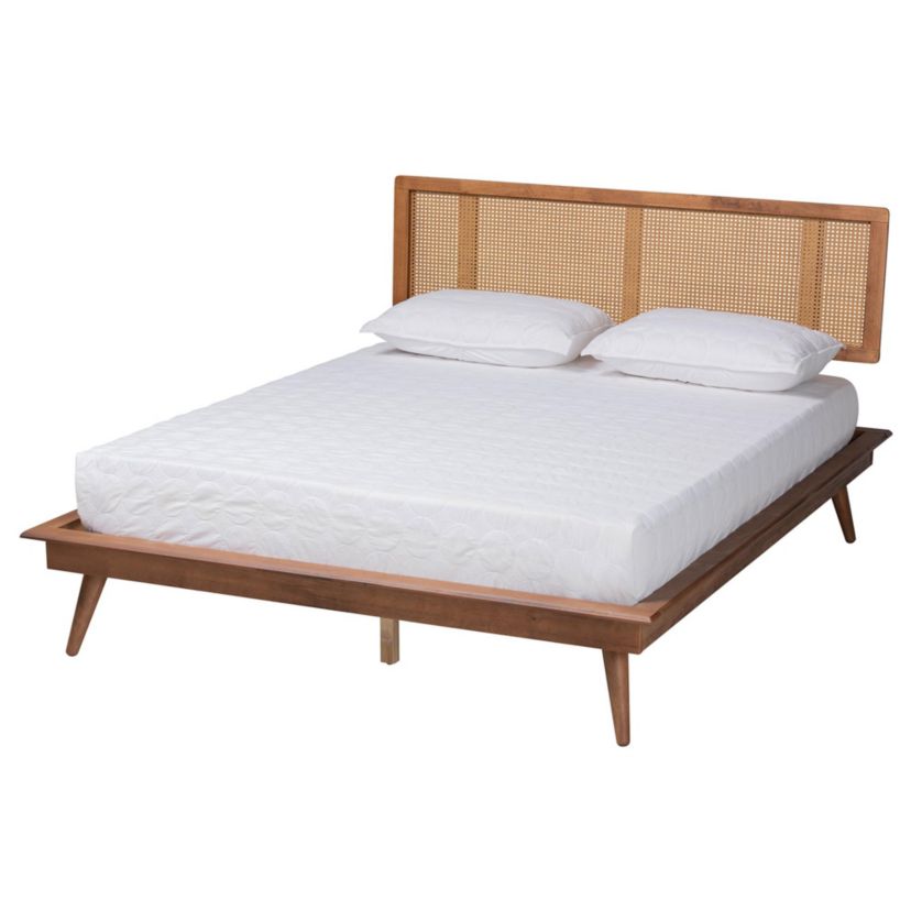 Nura Mid-Century Modern Walnut Brown Finished Wood and Rattan King Size 5-Piece Bedroom Set