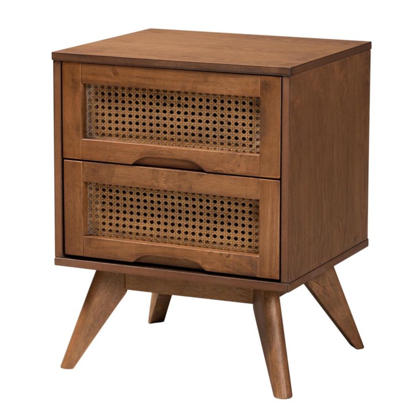 Nura Mid-Century Modern Walnut Brown Finished Wood and Rattan King Size 5-Piece Bedroom Set