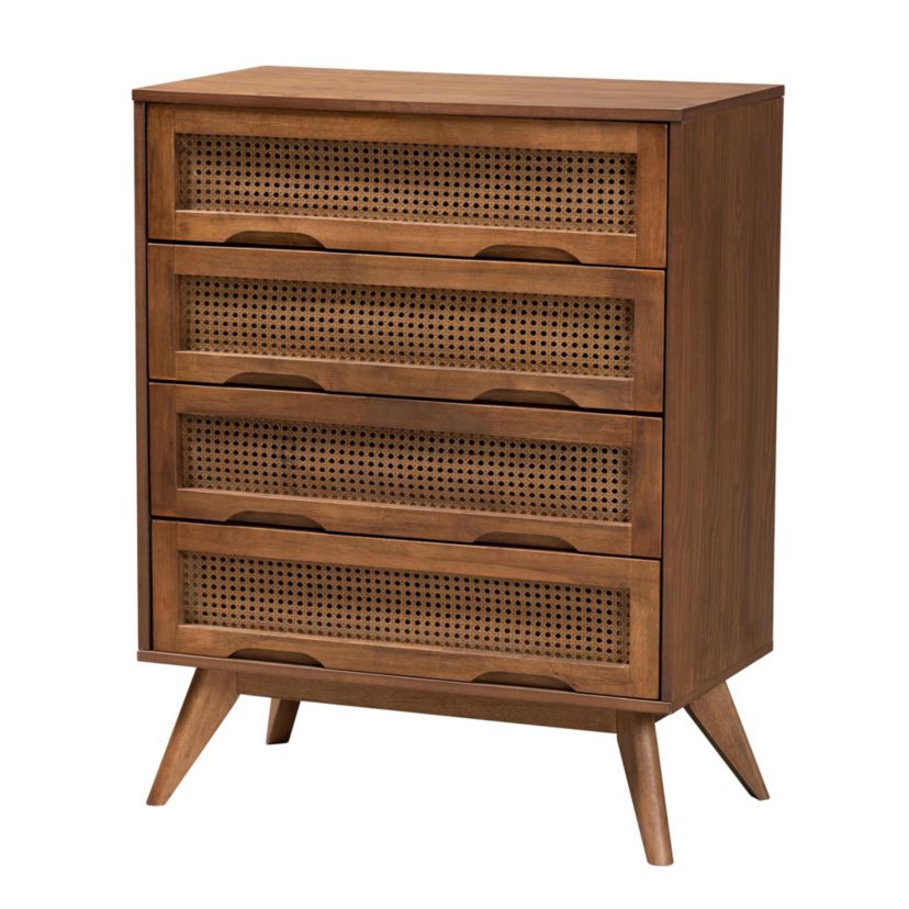 Nura Mid-Century Modern Walnut Brown Finished Wood and Rattan King Size 5-Piece Bedroom Set