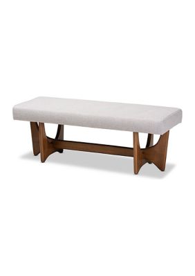 Theo Mid-Century Modern Greyish Beige Fabric Upholstered Walnut Finished Bench