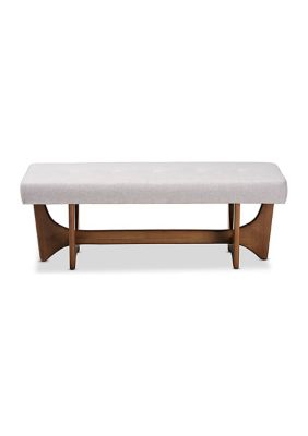 Theo Mid-Century Modern Greyish Beige Fabric Upholstered Walnut Finished Bench