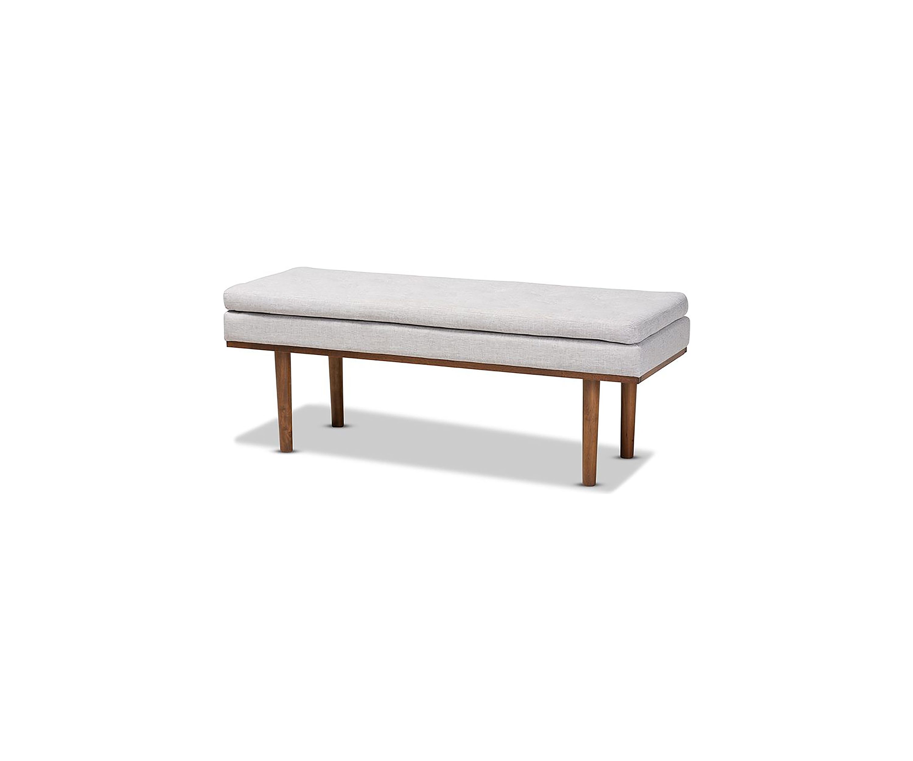 Arne Mid-Century Modern Greyish Beige Fabric Upholstered Walnut Finished Bench