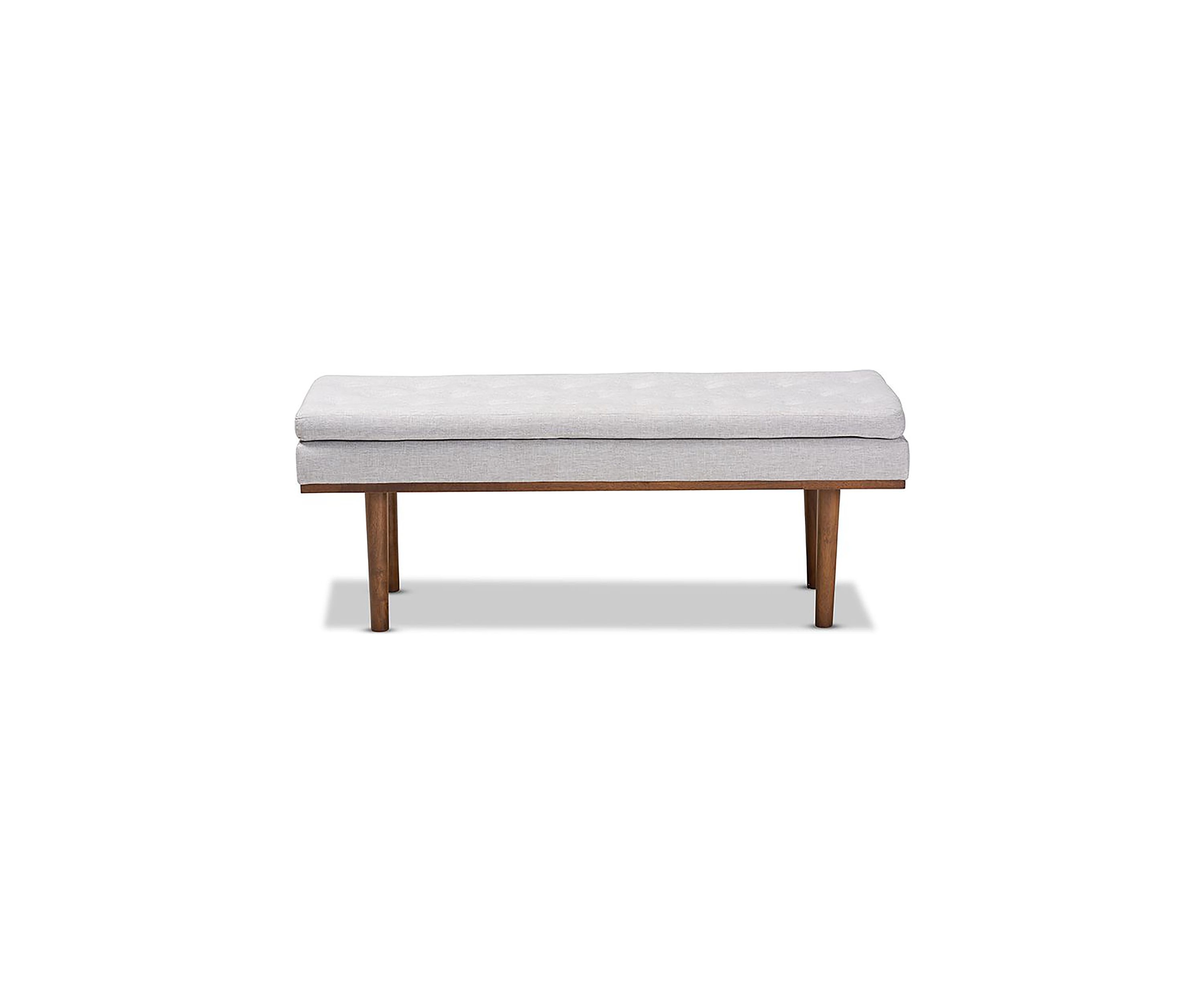 Arne Mid-Century Modern Greyish Beige Fabric Upholstered Walnut Finished Bench