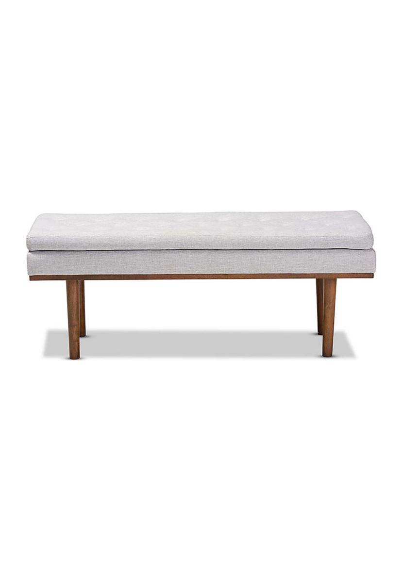 Arne Mid-Century Modern Greyish Beige Fabric Upholstered Walnut Finished Bench