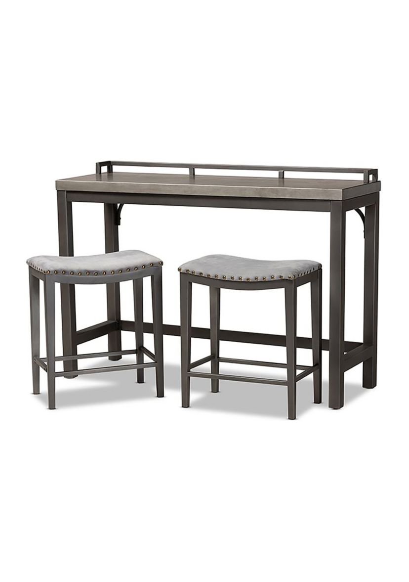 Noll Modern and Contemporary Grey Fabric Upholstered 3-Piece Multipurpose Metal Counter Table Set