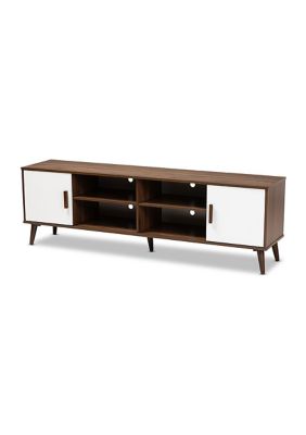 Baxton Studio Quinn Mid-Century Modern Two-Tone White and Walnut Finished 2-Door Wood TV Stand