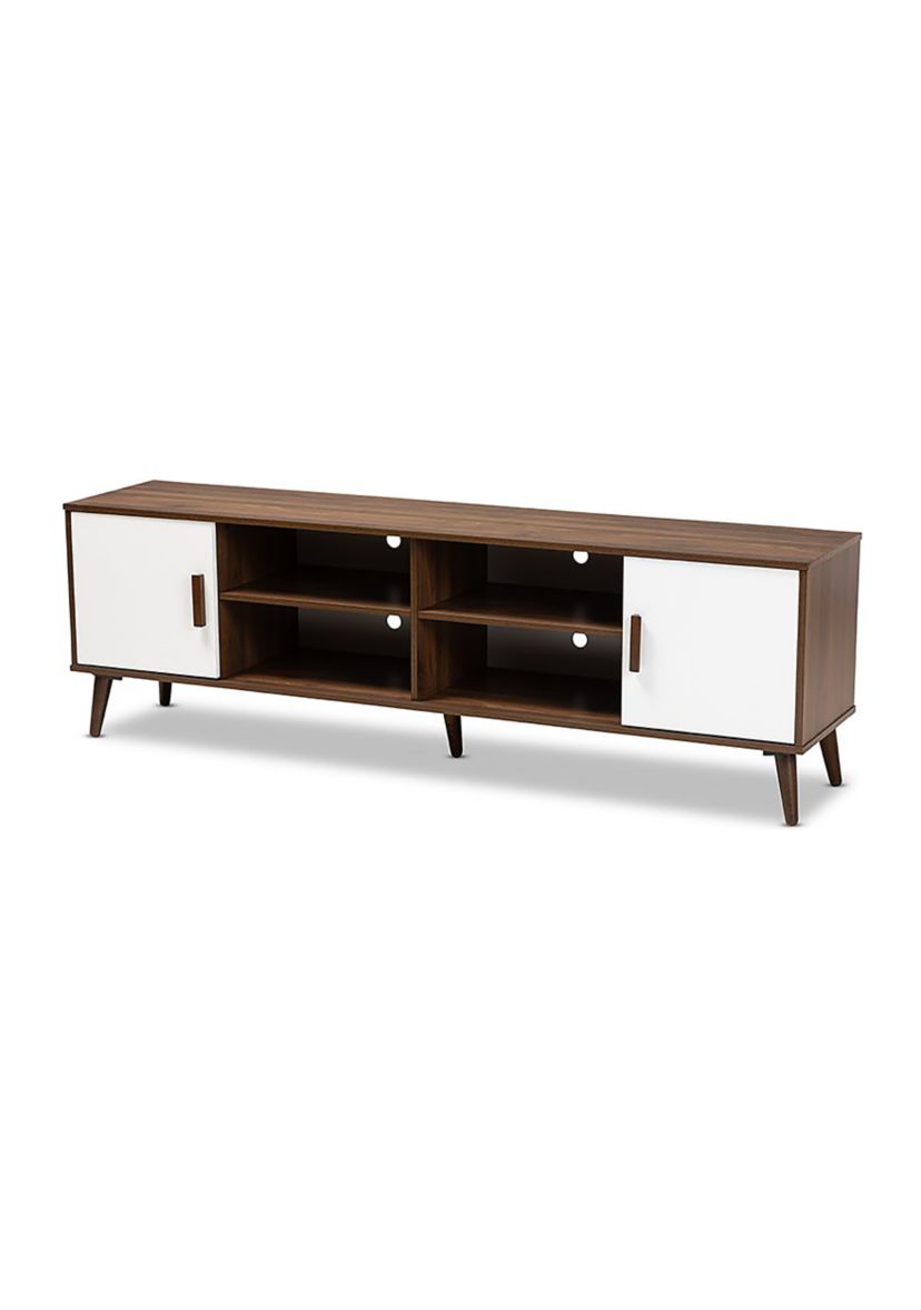 Quinn Mid-Century Modern Two-Tone White and Walnut Finished 2-Door Wood TV Stand