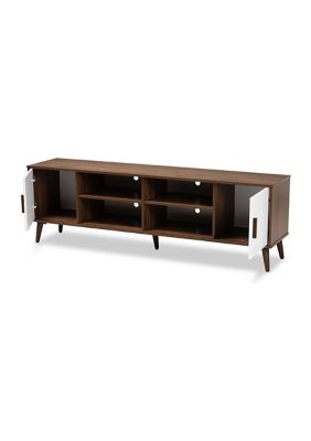 Quinn Mid-Century Modern Two-Tone White and Walnut Finished 2-Door Wood TV Stand