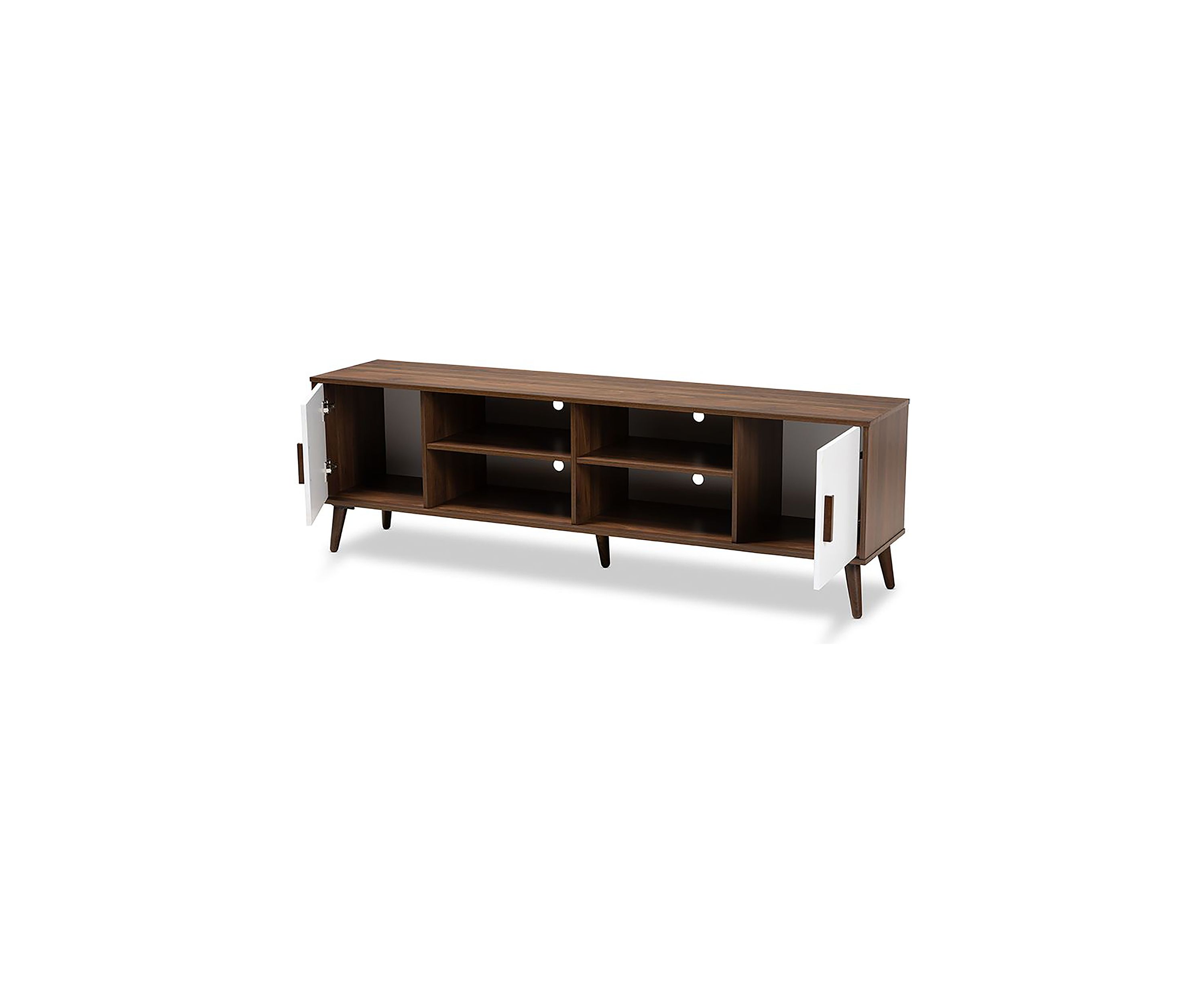 Quinn Mid-Century Modern Two-Tone White and Walnut Finished 2-Door Wood TV Stand