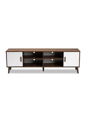 Quinn Mid-Century Modern Two-Tone White and Walnut Finished 2-Door Wood TV Stand