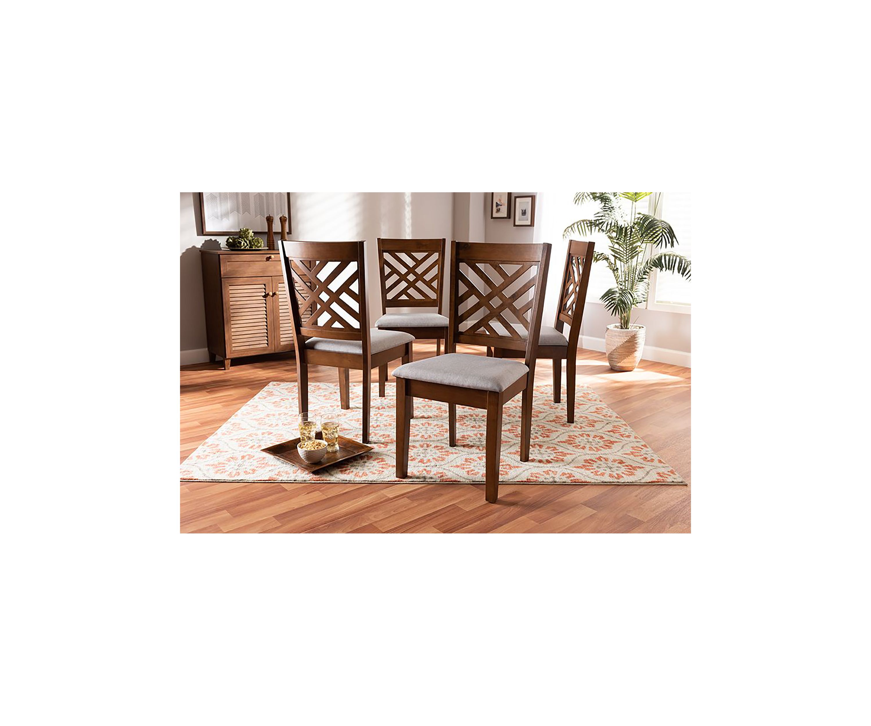Caron Modern and Contemporary Grey Fabric Upholstered Walnut Brown Finished 4-Piece Wood Dining Chair Set
