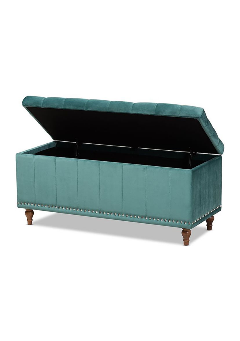Kaylee Modern and Contemporary Teal Blue Velvet Fabric Upholstered Button-Tufted Storage Ottoman Bench