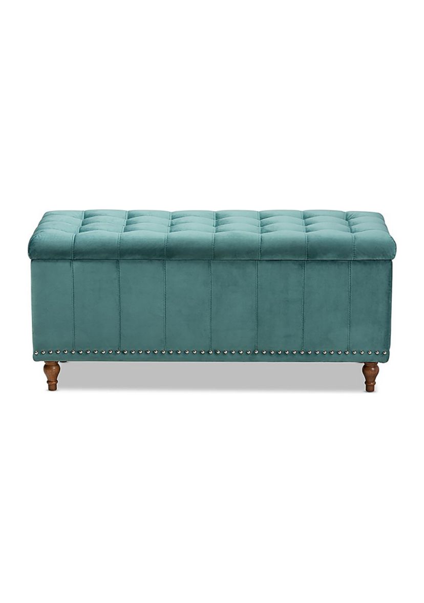 Kaylee Modern and Contemporary Teal Blue Velvet Fabric Upholstered Button-Tufted Storage Ottoman Bench