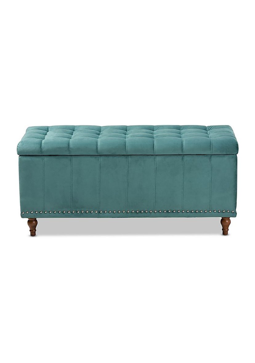 Kaylee Modern and Contemporary Teal Blue Velvet Fabric Upholstered Button-Tufted Storage Ottoman Bench
