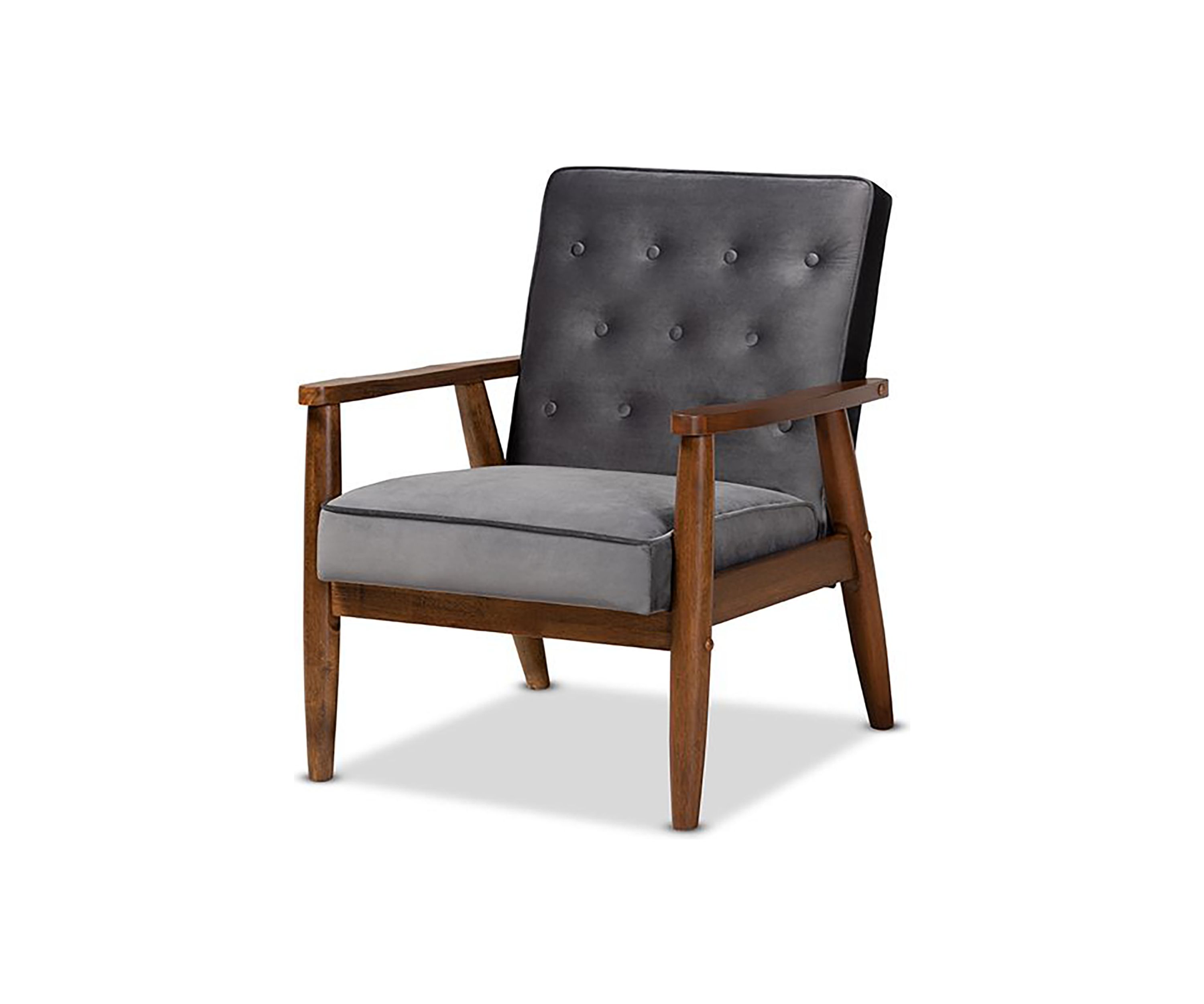 Sorrento Mid-century Modern Grey Velvet Fabric Upholstered Walnut Finished Wooden Lounge Chair