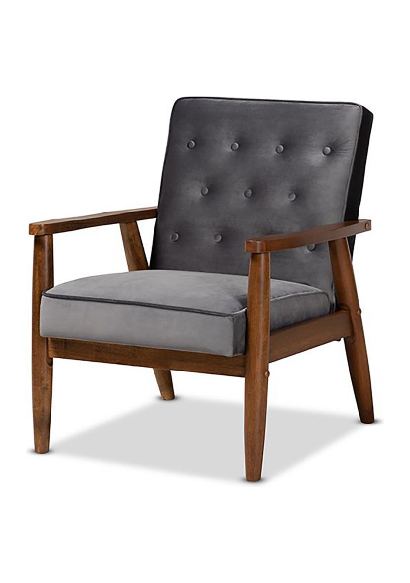 Sorrento Mid-century Modern Grey Velvet Fabric Upholstered Walnut Finished Wooden Lounge Chair