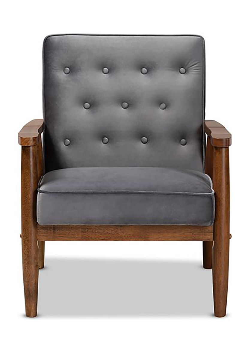 Sorrento Mid-century Modern Grey Velvet Fabric Upholstered Walnut Finished Wooden Lounge Chair
