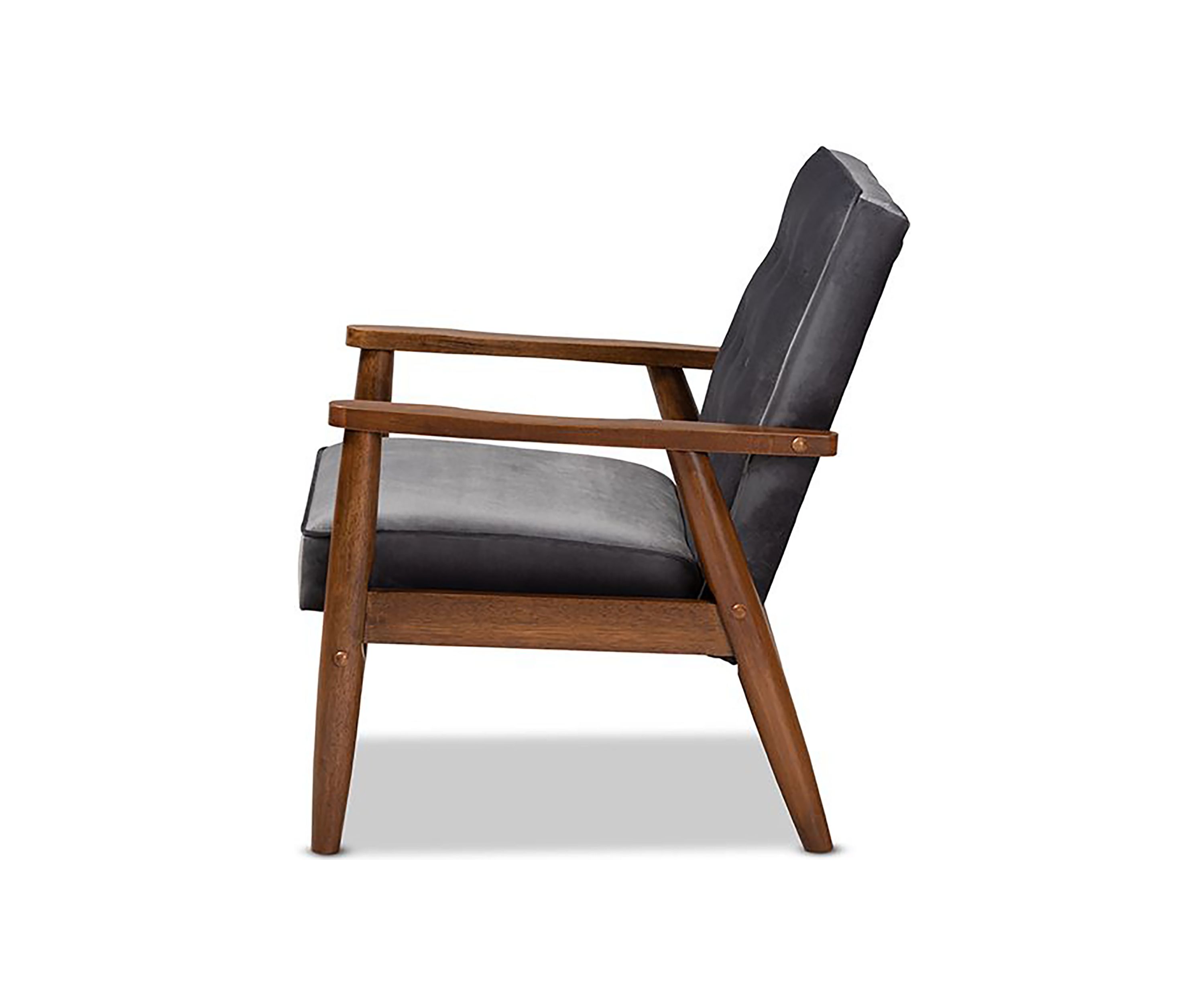 Sorrento Mid-century Modern Grey Velvet Fabric Upholstered Walnut Finished Wooden Lounge Chair