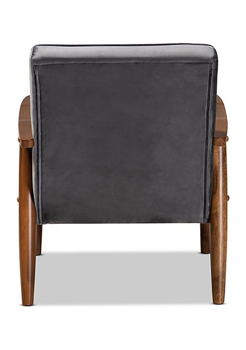 Sorrento Mid-century Modern Grey Velvet Fabric Upholstered Walnut Finished Wooden Lounge Chair