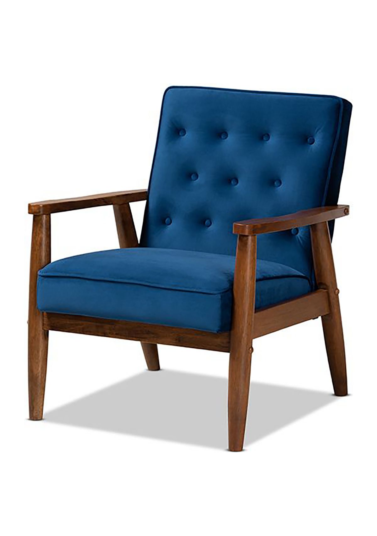 Sorrento Mid-century Modern Navy Blue Velvet Fabric Upholstered Walnut Finished Wooden Lounge Chair