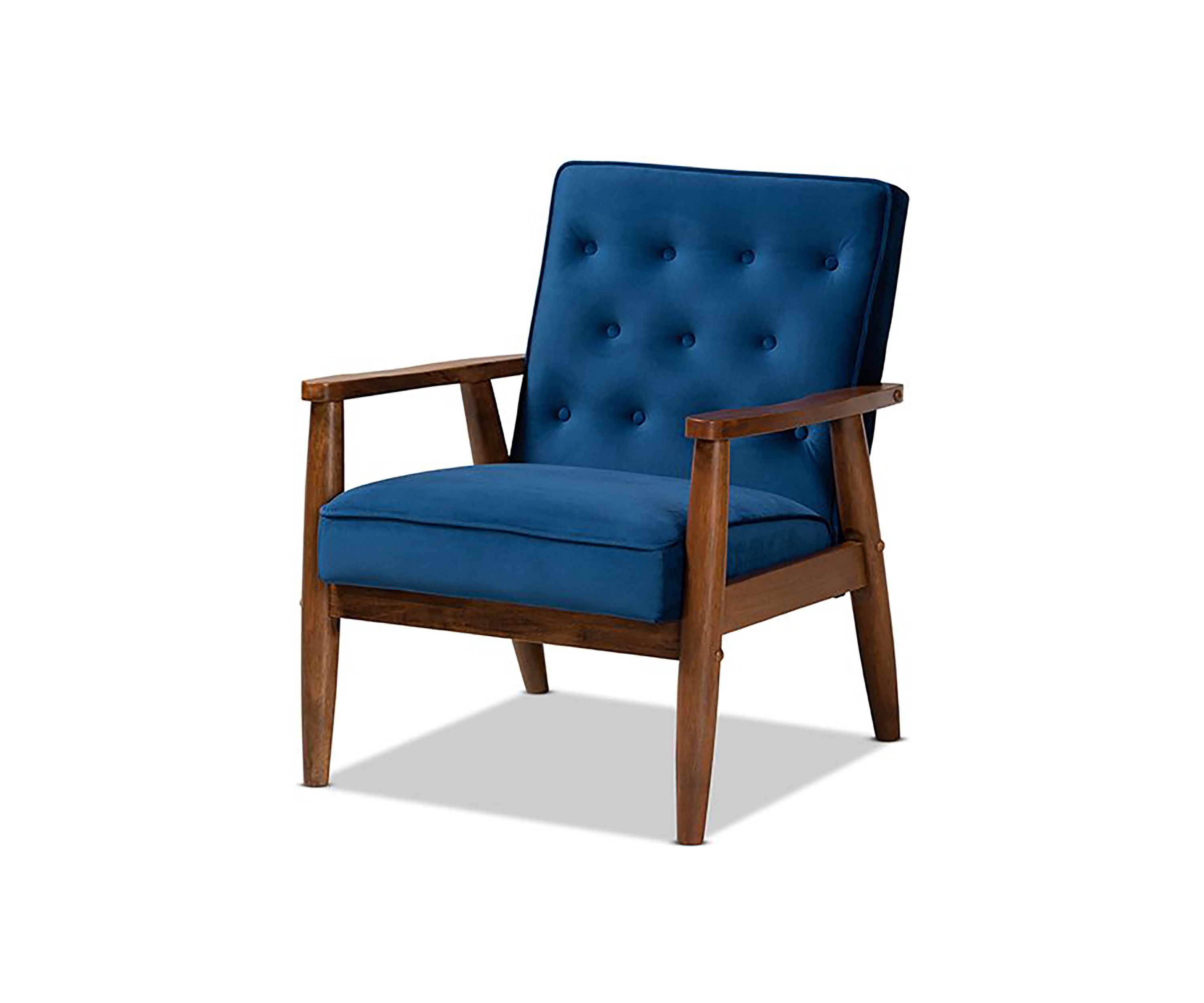 Sorrento Mid-century Modern Navy Blue Velvet Fabric Upholstered Walnut Finished Wooden Lounge Chair