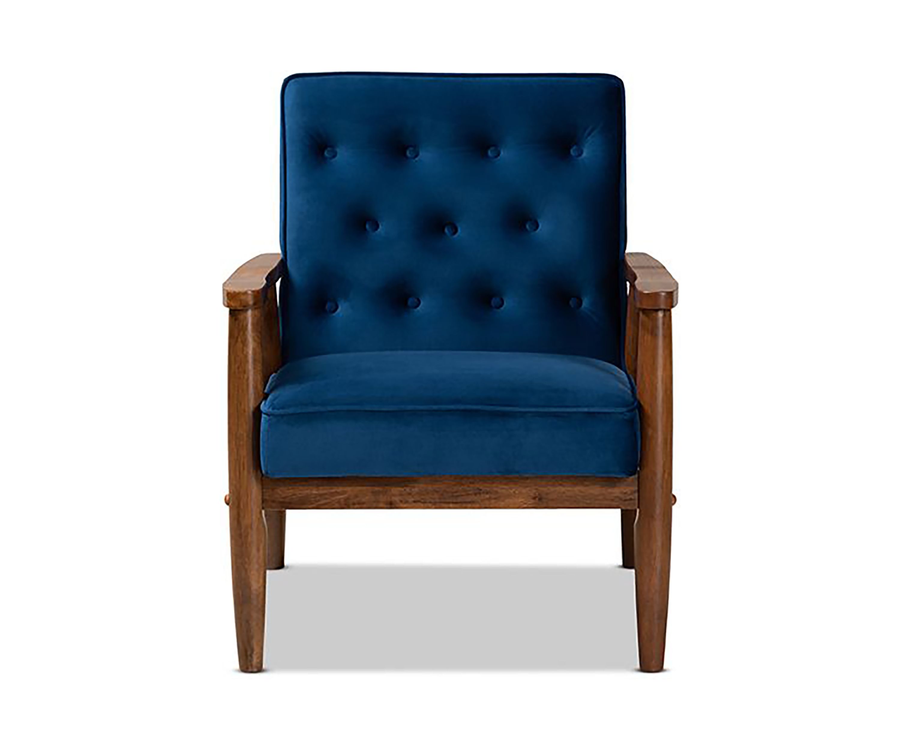 Sorrento Mid-century Modern Navy Blue Velvet Fabric Upholstered Walnut Finished Wooden Lounge Chair