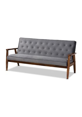 Sorrento Mid-century Modern Grey Velvet Fabric Upholstered Walnut Finished Wooden 3-seater Sofa