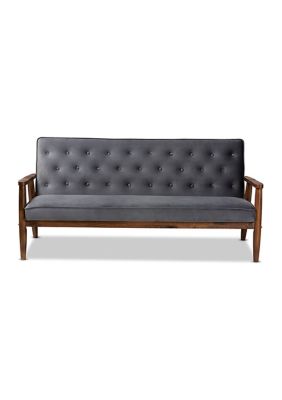 Sorrento Mid-century Modern Grey Velvet Fabric Upholstered Walnut Finished Wooden 3-seater Sofa