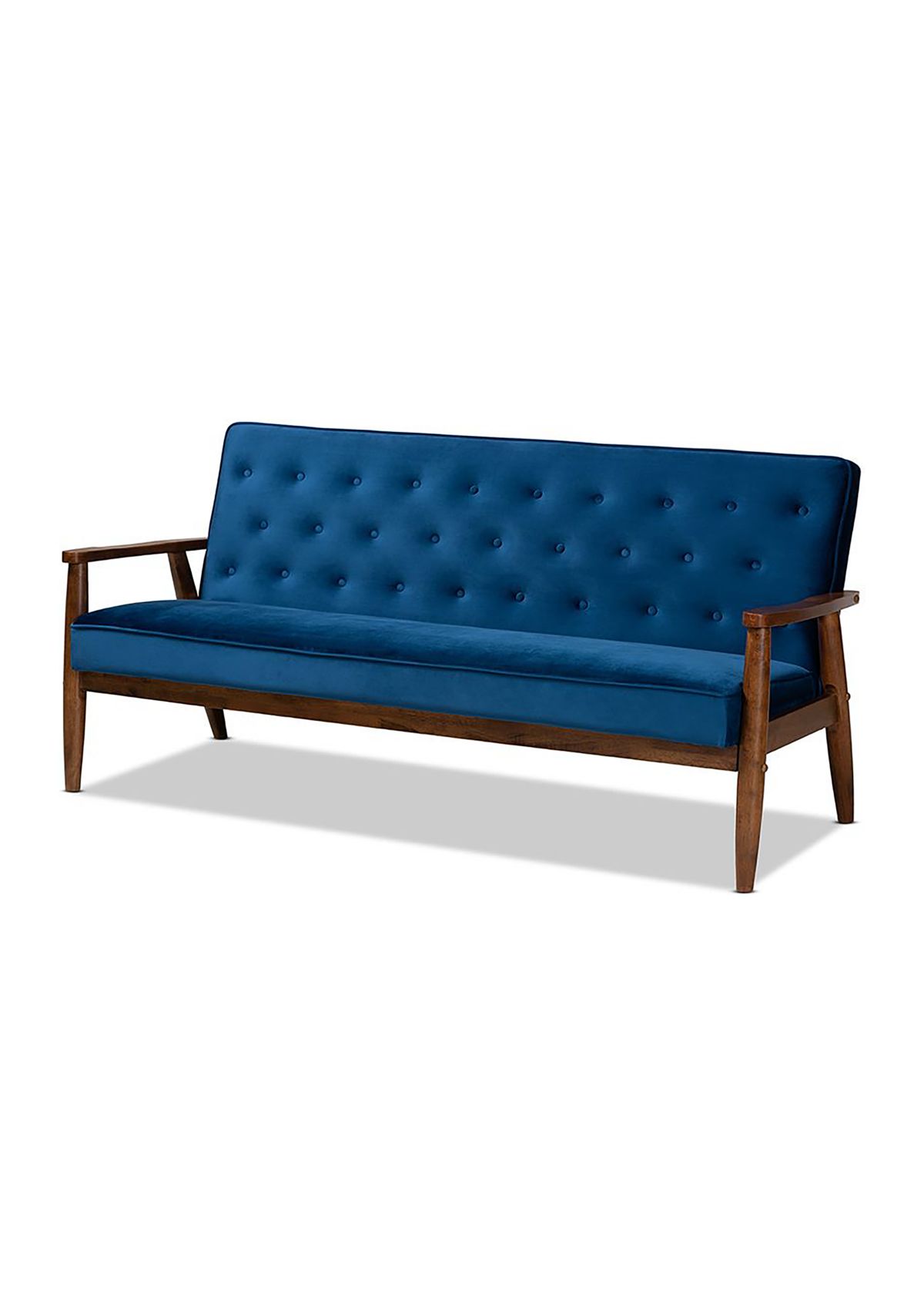 Sorrento Mid-century Modern Navy Blue Velvet Fabric Upholstered Walnut Finished Wooden 3-seater Sofa