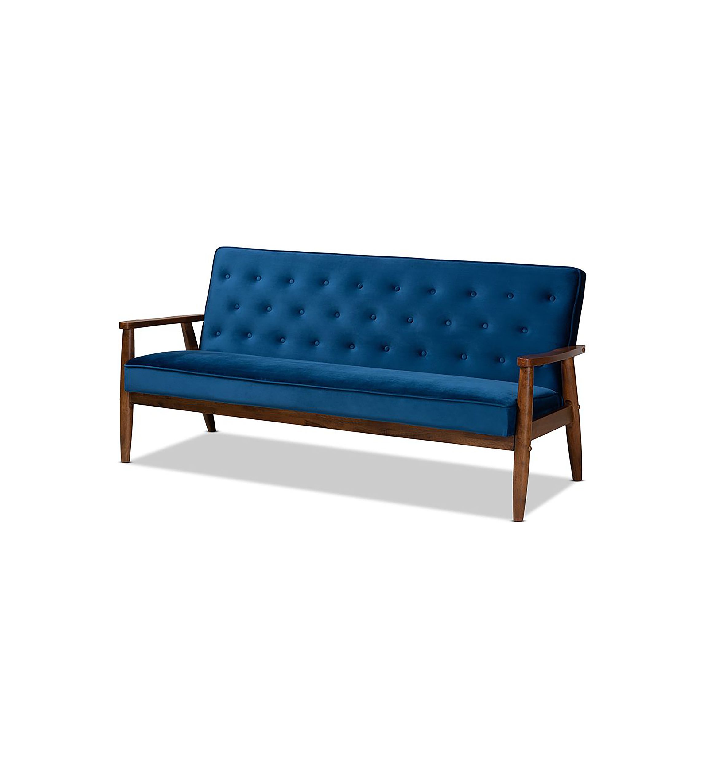 Sorrento Mid-century Modern Navy Blue Velvet Fabric Upholstered Walnut Finished Wooden 3-seater Sofa